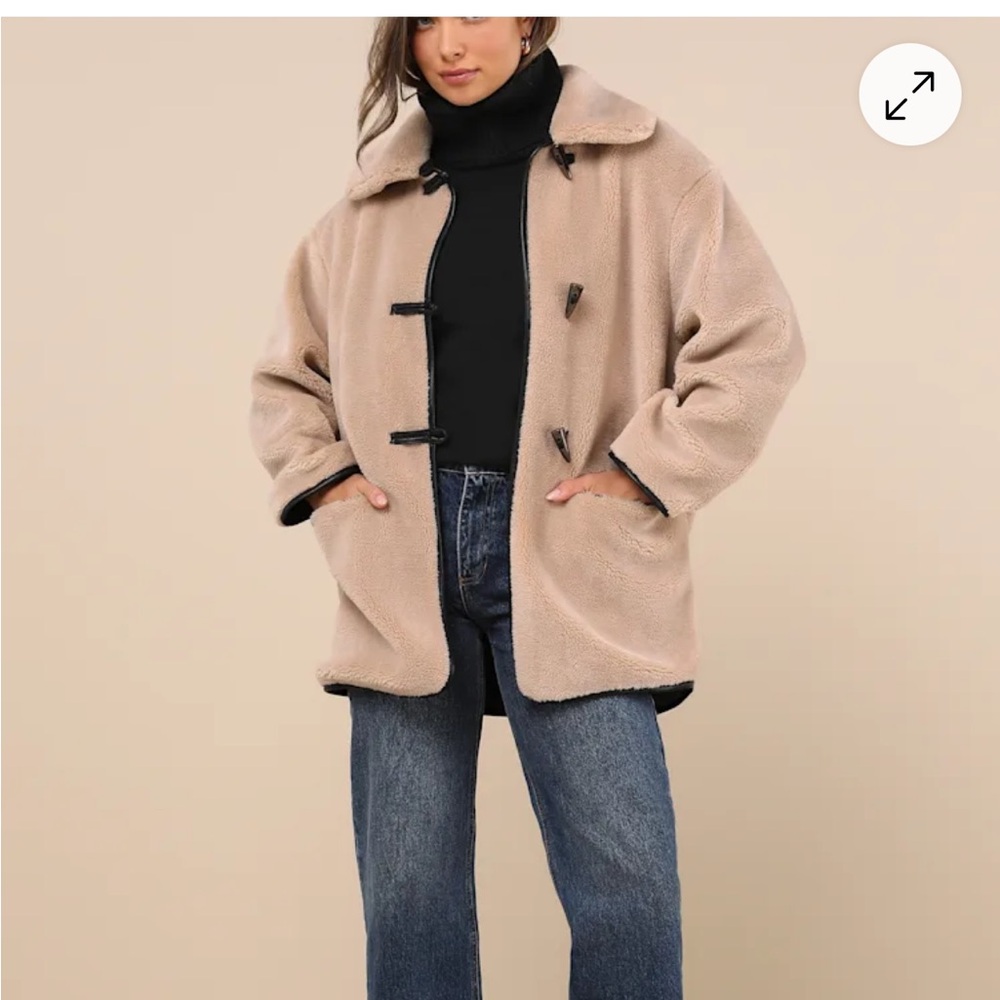 Beige Shearling Collared Toggle Coat - image 4
